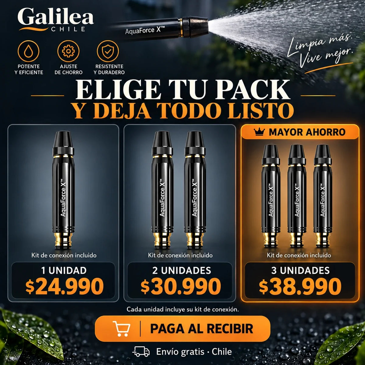 AquaForce X™ | Boquilla de Limpieza Acero Inoxidable 3 en 1